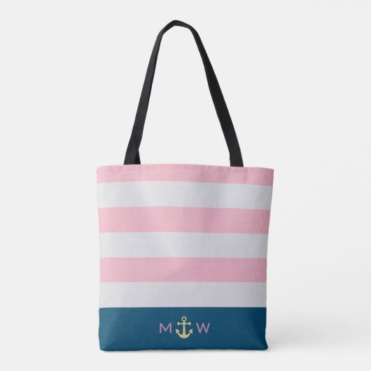 Preppy Gestreepte Pastel Blush Monogram Canvas tas (Achterkant)
