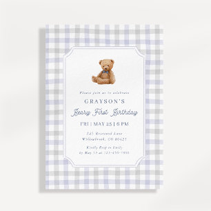 Preppy Gingham Teddybeer 'Beary' Eerste Verjaardag Kaart
