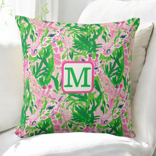 Preppy Giraffen Roze Groen Tropisch Monogram Kussen