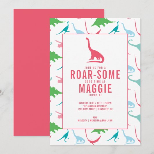 Preppy Girl Dinosaur Anniversaire Fête Invitation (Devant / Derrière)