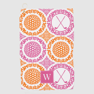 Preppy Golf Damask - Ballen & Clubs Roze & Oranje Golfhanddoek
