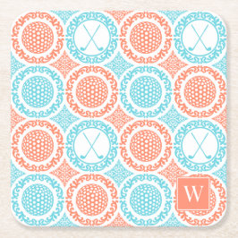 Preppy Golf Damask - Balls & Clubs Coral Turquoise Vierkante Kartonnen Onderzetter