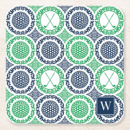 Preppy Golf Damask - Balls & Clubs in Navy & Green Vierkante Kartonnen Onderzetter