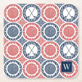 Preppy Golf Damask - Balls & Clubs in Navy & Red Vierkante Kartonnen Onderzetter