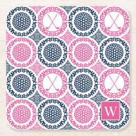 Preppy Golf Damask - Balls & Clubs Navy & Hot Pink Vierkante Kartonnen Onderzetter