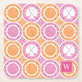 Preppy Golf Damask - Balls & Clubs - Orange & Pink Vierkante Kartonnen Onderzetter