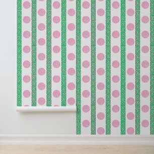 Preppy Golf Griekse Sleutel Streep in Roze & Groen Behang