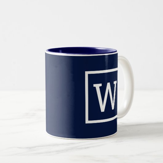 Preppy Grafische Rand Monogram Navyblauw Tweekleurige Koffiemok (Voorkant rechts)