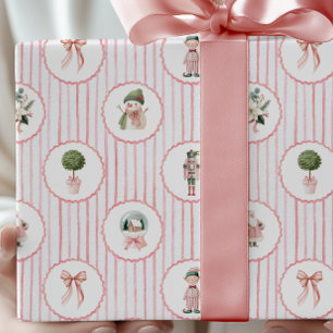 Preppy Grandmillennial Roze Notenkraker Kerstmis Cadeaupapier