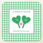 Preppy Green en Pink Wedding Pickleball Vierkante Kartonnen Onderzetter (Voorkant)