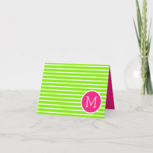 Preppy Green en White Stripes met roze monogram Notitiekaartje