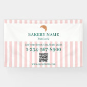 Preppy Green & Pink Stripes Bakery Logo QR Code Spandoek (Horizontaal)