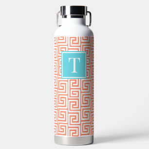 Preppy Griekse Sleutel Monogram - Koraal & Turkooi Waterfles