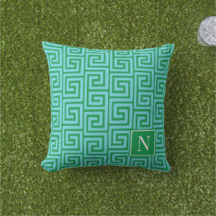 Preppy Griekse Sleutel Monogram – Turquoise & Groe Buitenkussen