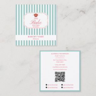 Preppy Groen & Roze Strepen Bakkerij Logo QR Code Vierkante Visitekaartje