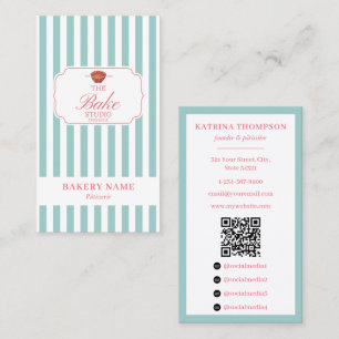 Preppy Groen & Roze Strepen Bakkerij Logo QR Code Visitekaartje