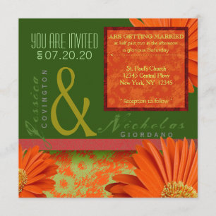 Preppy Groen Sinaasappel Gerbera Bloemen Huwelijks Kaart
