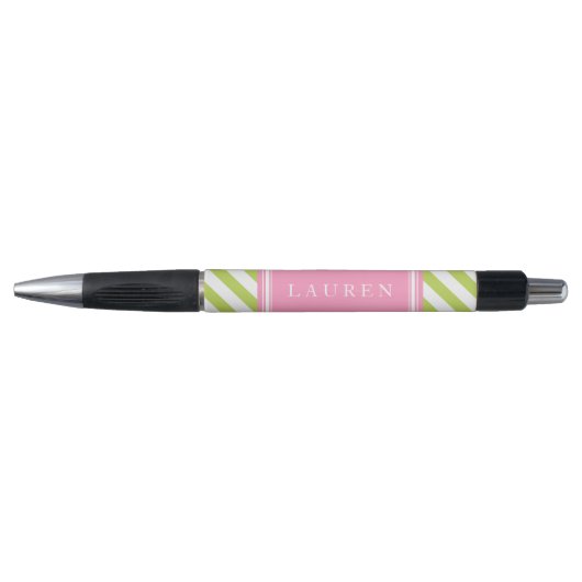 Preppy Groene en Roze Strepen Pen (Voorkant)