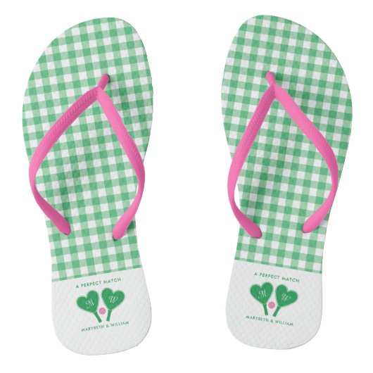 Preppy groene en roze trouwpickleball-sandalen teenslippers (Voetbed)