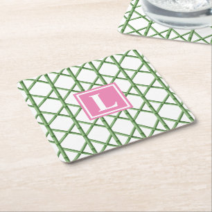 Preppy groene traliewerk bamboe patroon monogram vierkante kartonnen onderzetter