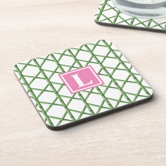Preppy Groene Trellis Bamboe Patroon Monogram Bier Onderzetter (Linkerzijde)