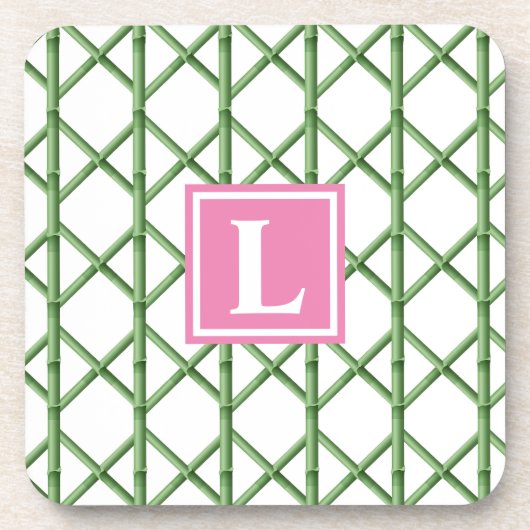 Preppy Groene Trellis Bamboe Patroon Monogram Bier Onderzetter (Voorkant)