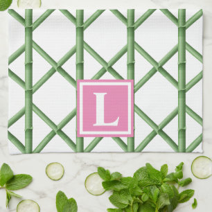 Preppy Groene Trellis Bamboe Patroon Monogram Theedoek