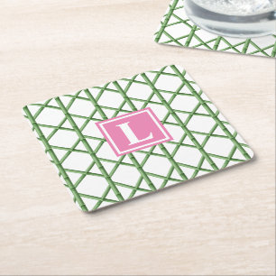 Preppy Groene Trellis Bamboe Patroon Monogram Vierkante Kartonnen Onderzetter