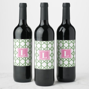 Preppy Groene Trellis Bamboe Patroon Monogram Wijn Etiket