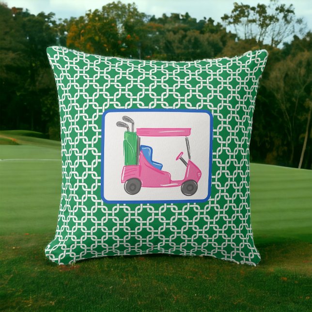 Preppy Groene Witte Link Patroon Roze Golfkar Kussen (Creator heeft geüpload)
