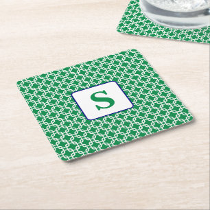 Preppy groene witte schakelpatroon marine monogram vierkante kartonnen onderzetter