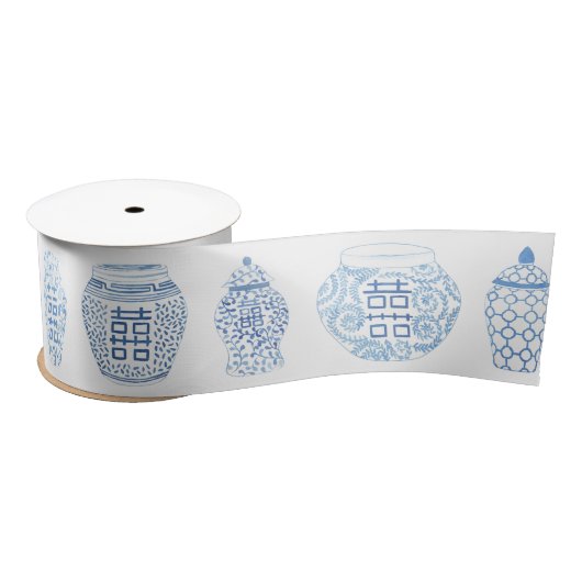 Preppy handgeschilderde blauwe en witte gember pot lint (Spoel)