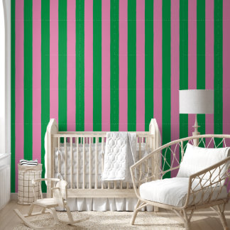 Preppy handgetekende vette streep in roze en groen behang