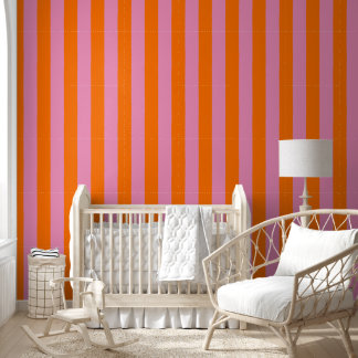 Preppy handgetekende vette streep in roze en oranj behang