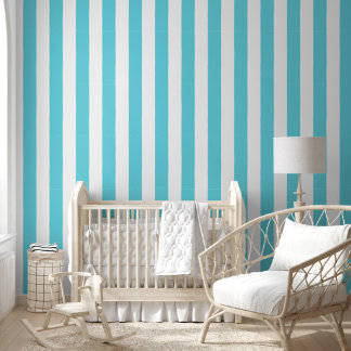 Preppy handgetekende vette streep in wit en aqua behang