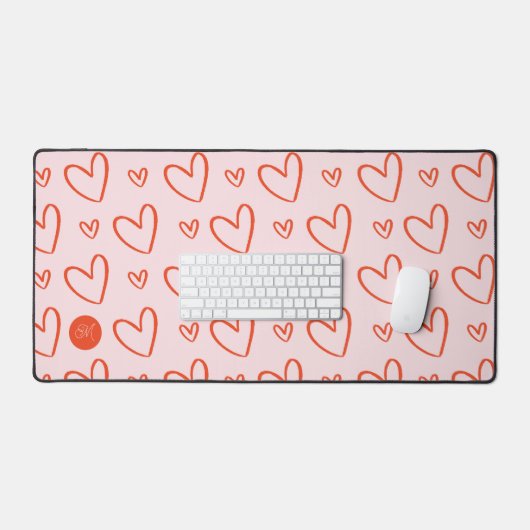 Preppy harten in roze & rood met monogram initiaal bureaumat (Keyboard & Muis)