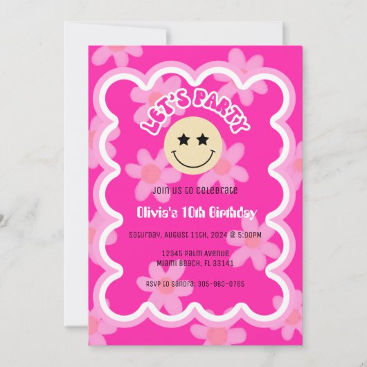 Preppy Heet Roze Y2K Gelukkig Gezicht Partij Verja Kaart (Voorkant)