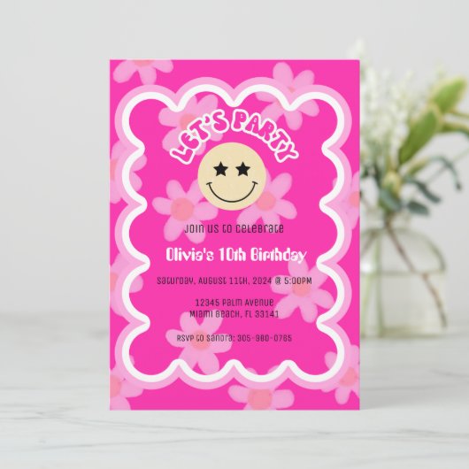 Preppy Heet Roze Y2K Gelukkig Gezicht Partij Verja Kaart (Staand voorkant)