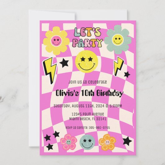 Preppy Heet Roze Y2K Gelukkig Gezicht Partij Verja Kaart (Voorkant)