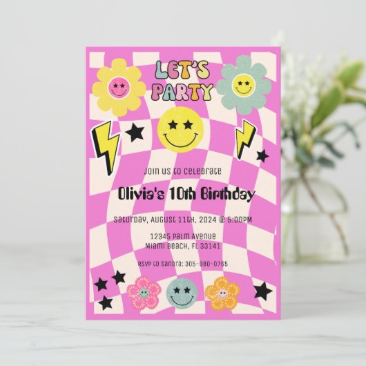 Preppy Heet Roze Y2K Gelukkig Gezicht Partij Verja Kaart (Staand voorkant)