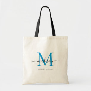 Preppy Helderblauwe Zwarte Monogram Chique Script  Tote Bag