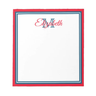 Preppy helderrood en marineblauw monogram notitieblok