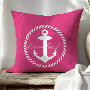 Preppy Hot Roze & Witte Nautilus Anker Monogram Kussen