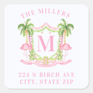 Preppy Kerst Flamingo Wapen Monogram Vierkante Sticker