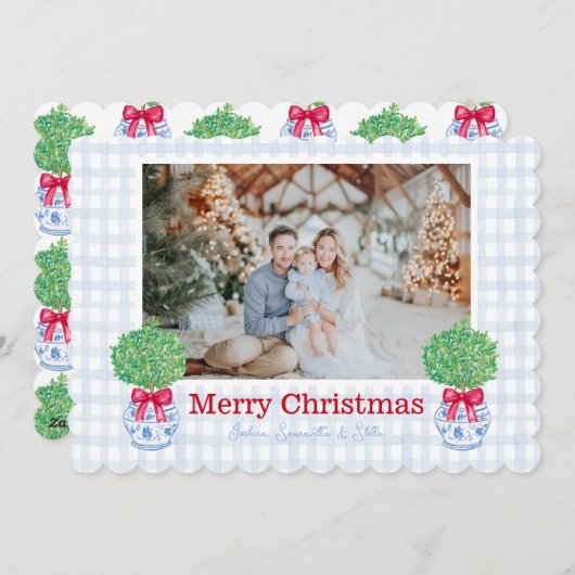 Preppy Kerst Topiary Chinoiserie Pot Bow Feestdagenkaart (Voorkant / Achterkant)