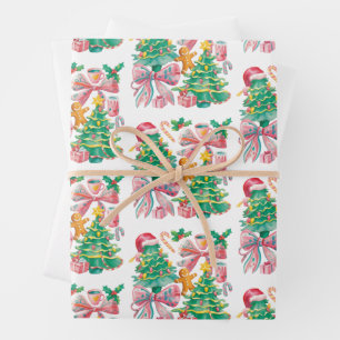Preppy Kerstboom Strik Roze Blauw Coquette Inpakpapier Vel