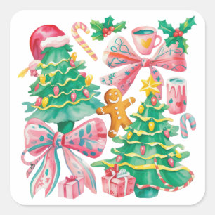 Preppy Kerstboom Strik Roze Blauw Coquette Vierkante Sticker