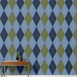 Preppy Klassiek Argyle Rook Blauw, Marine Groen le Behang