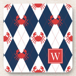 Preppy Krab Argyle Rood & Marineblauw Monogram Bier Onderzetter
