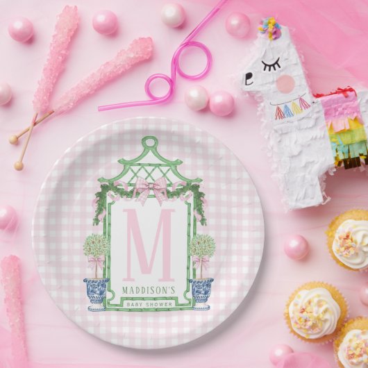 Preppy Krans met Pink Gingham Bow Papieren Bordje (Feest)